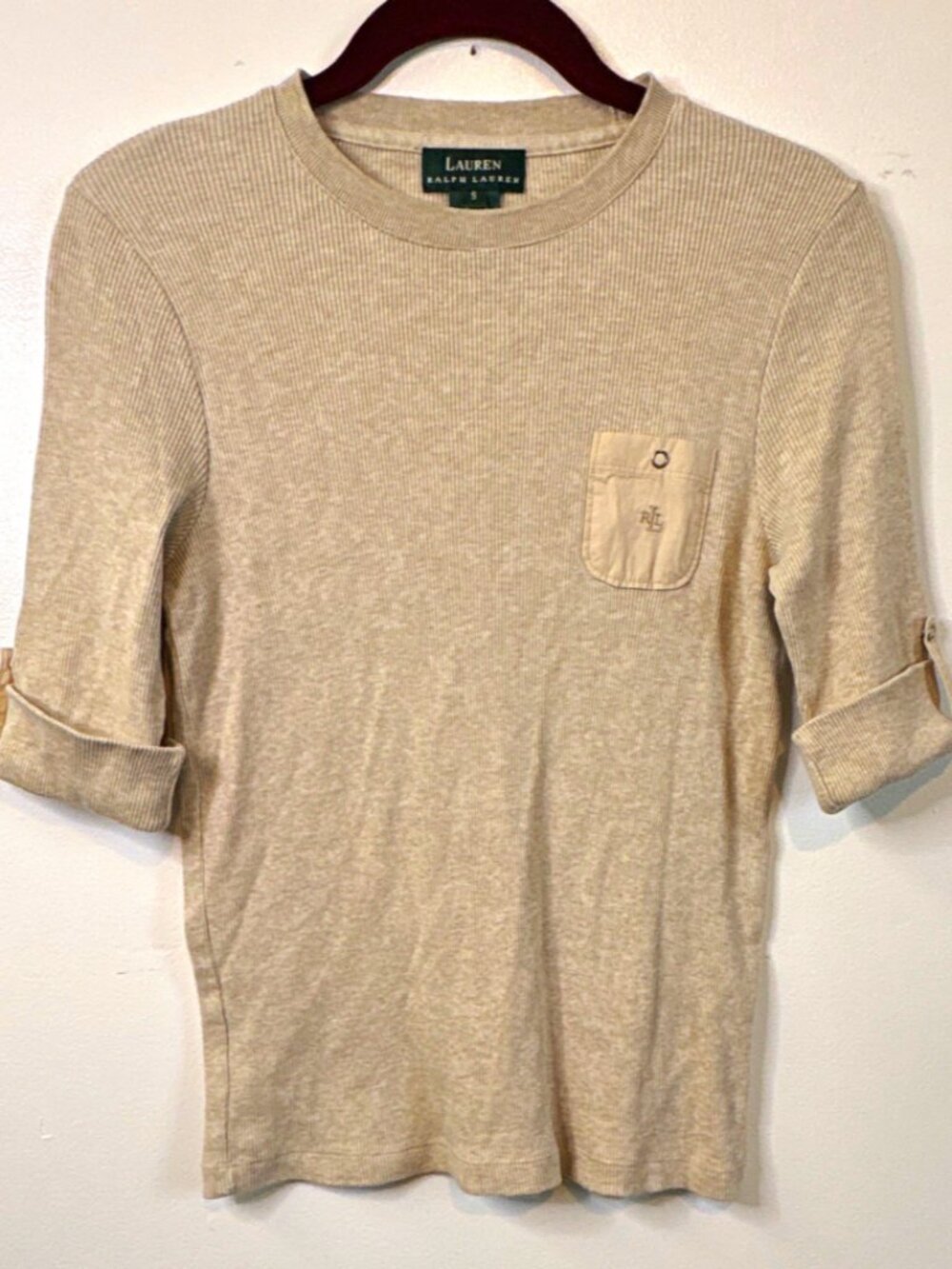 Lauren Ralph Lauren Beige Ribbed Knit Logo Crew Neck Stretch Top Women’s S